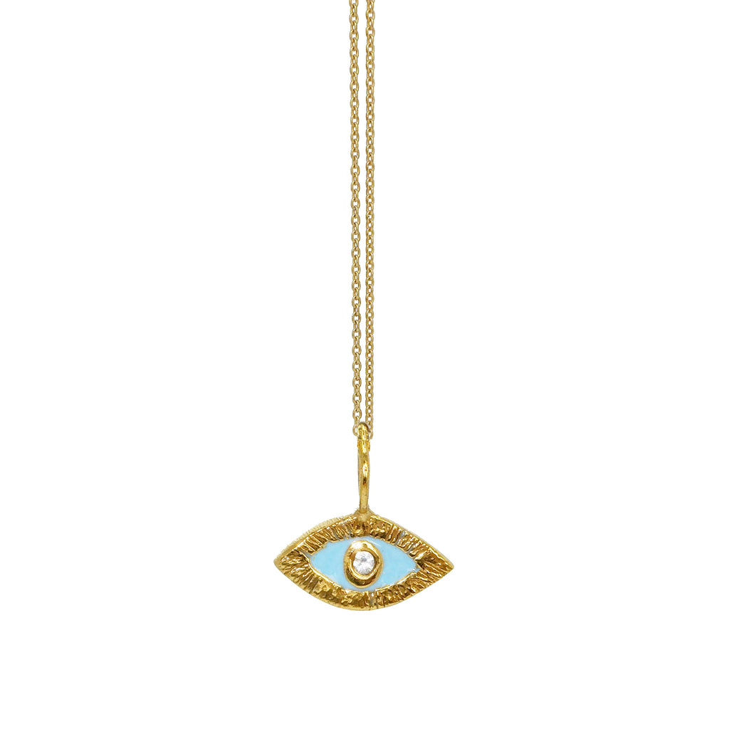Evil Eye Necklace with Blue Resin Enamel and White Sapphire Detail