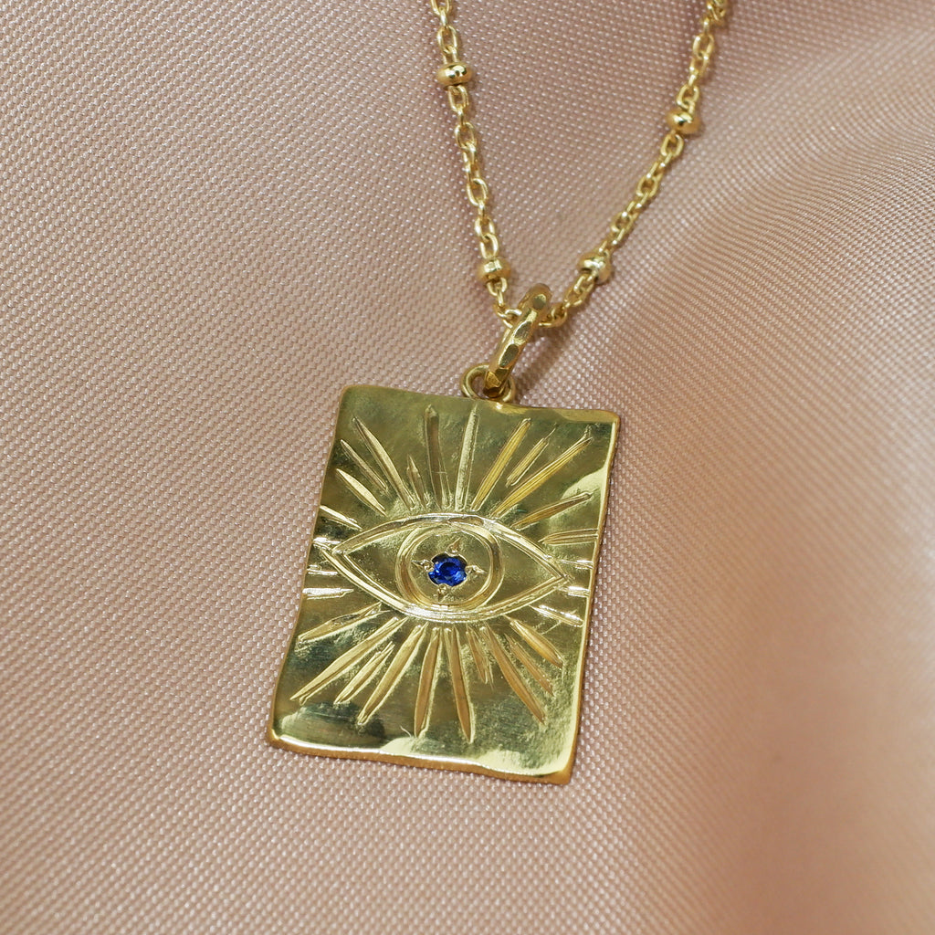 Evil Eye Oblong Necklace with Blue Sapphire - Gold