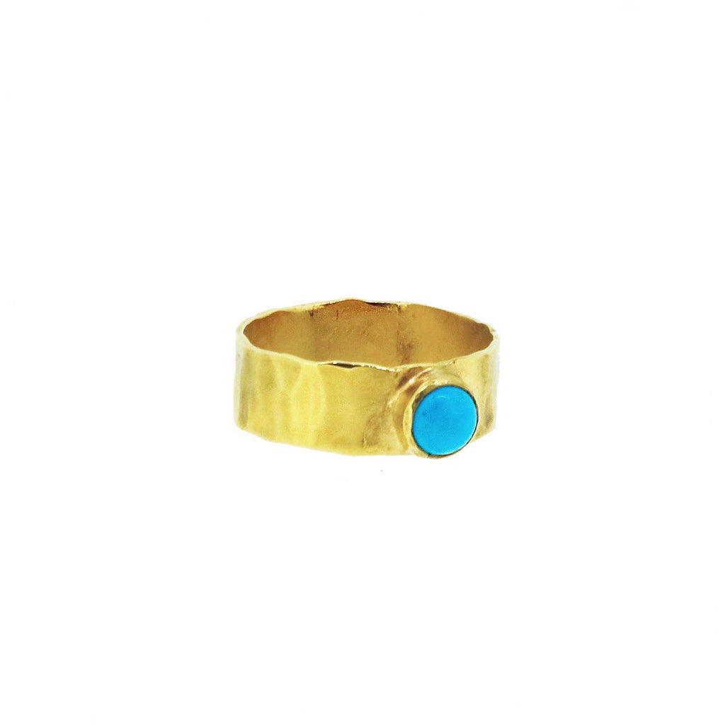 Hammered Band Ring with Turquoise Cabochon - Gold