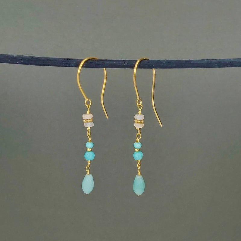 Blue Gemstone and Pearl Dangle Cascade Earrings