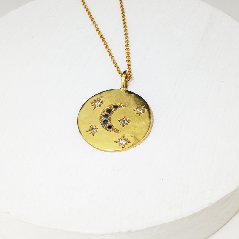 Moon and star disc necklace