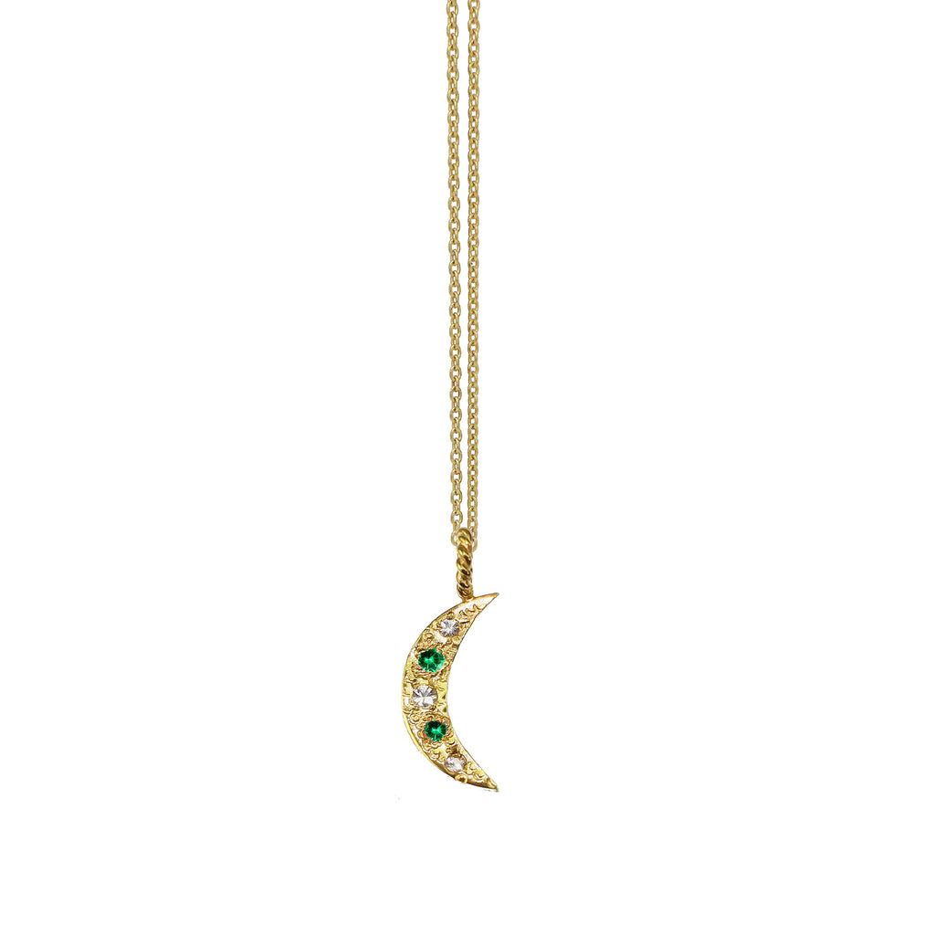 Crescent moon necklace with emeralds