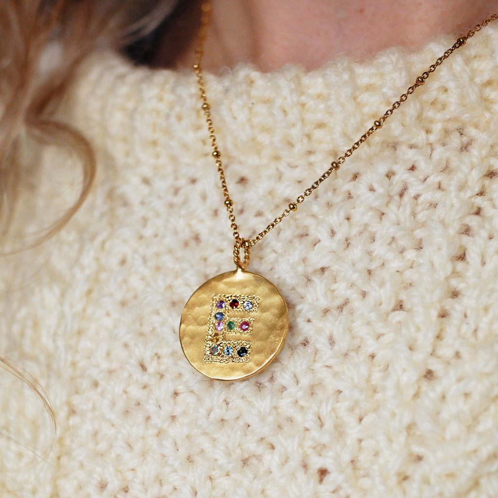 Multi Coloured Jewel Set Initial Disc Necklace  - Gold