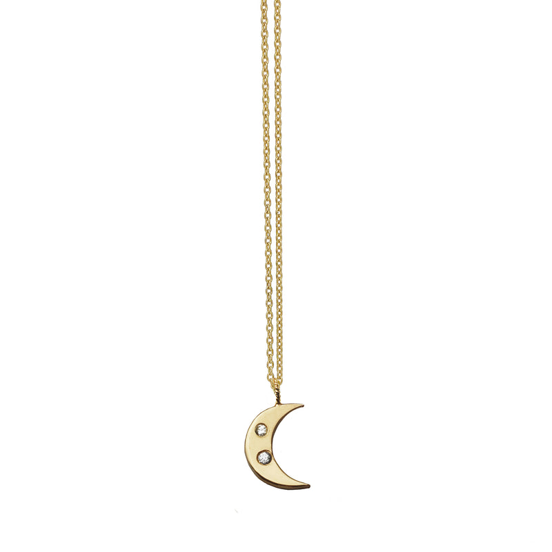 Moon Charm Necklace with White Sapphires - Gold
