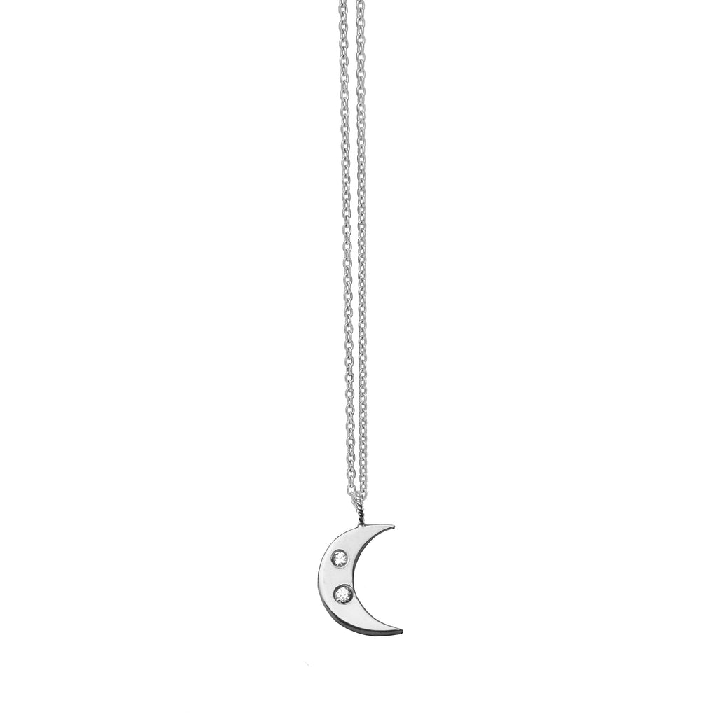 Moon Charm Necklace with White Sapphires - Silver