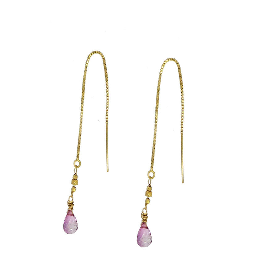 Pink Topaz and Gold Nugget Thread Through Earrings