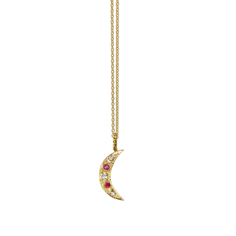 Crescent moon necklace with rubies