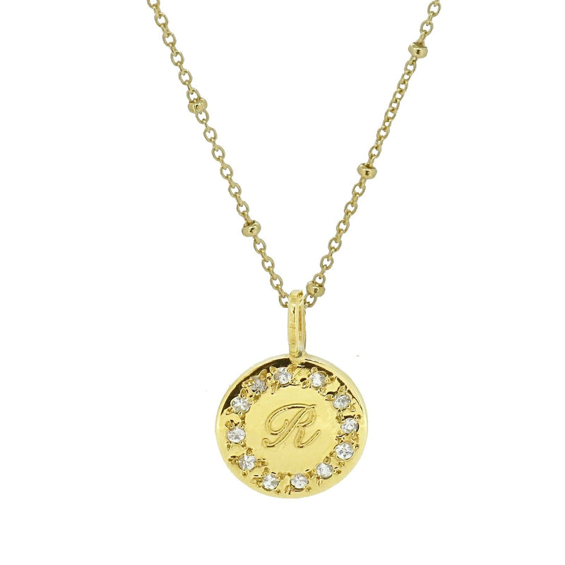 Initial Disc Necklace with Pave Set White Sapphire Edging  - Gold