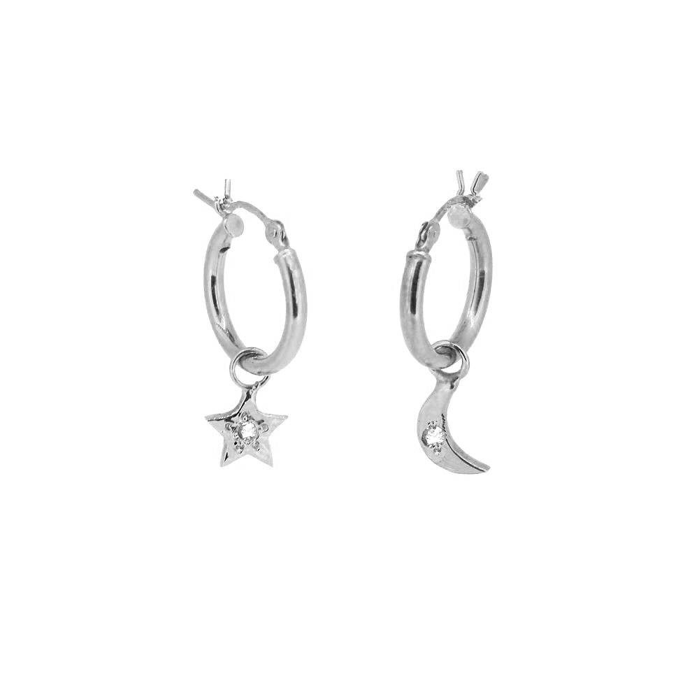 Moon and Star Charm Hoop Earrings with White Sapphires - Silver