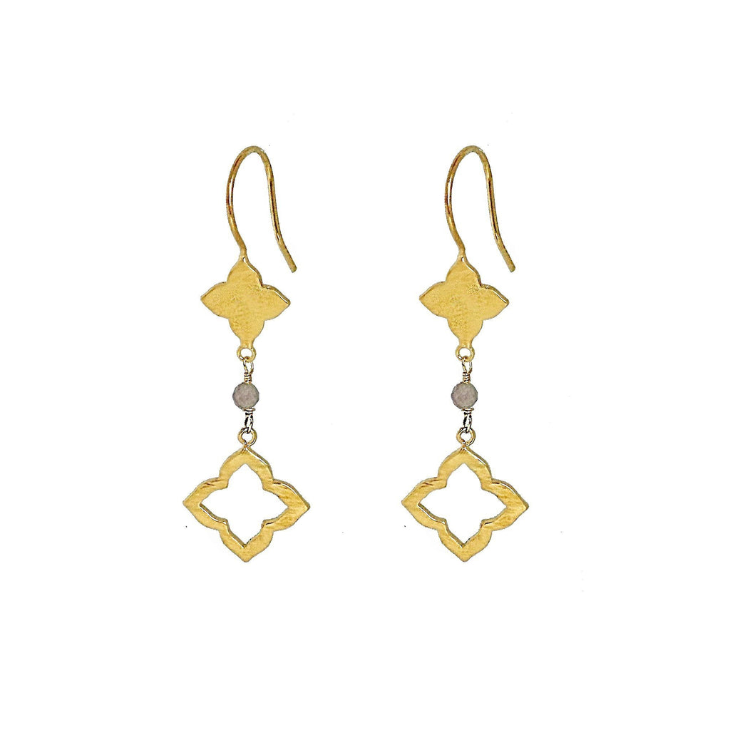 Moroccan Style Clover Drop Earrings with Labradorite - Gold