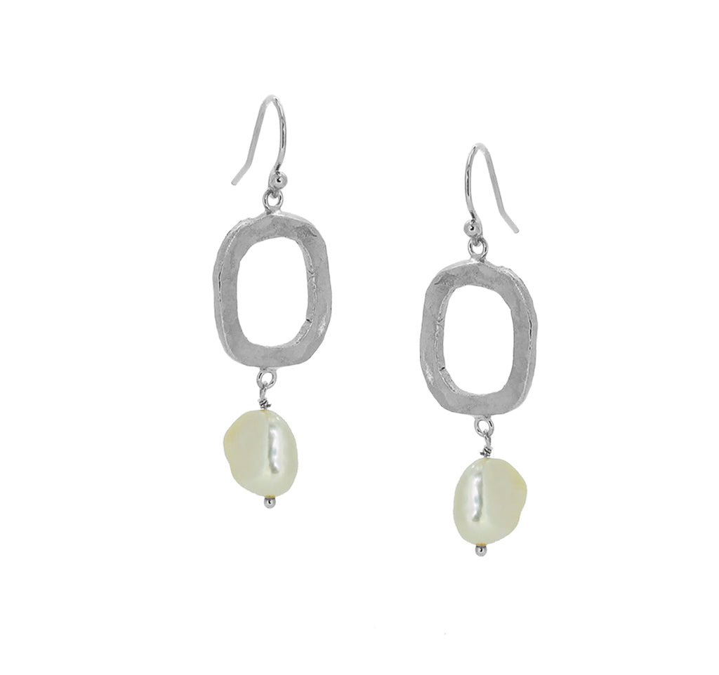 Pearl Drop Earrings on Irregular Loops - Silver