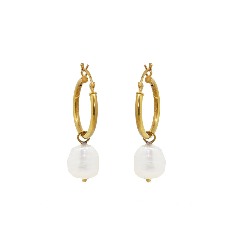 Hoop Earrings with Pearl Drops - Gold