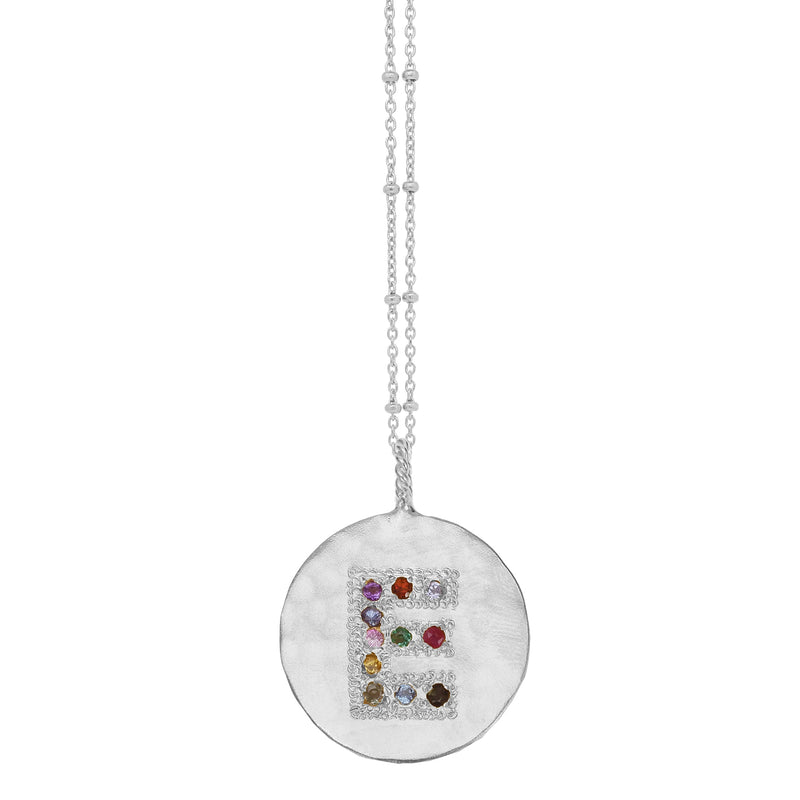 Multi Coloured Jewel Set Initial Disc Necklace  - Silver