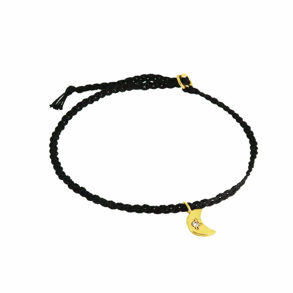 Silk Friendship Bracelet with Tiny Crescent Moon Charm - Black