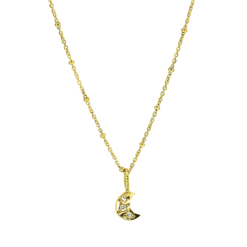 Tiny Moon Necklace with Pave Set White Sapphires - Gold