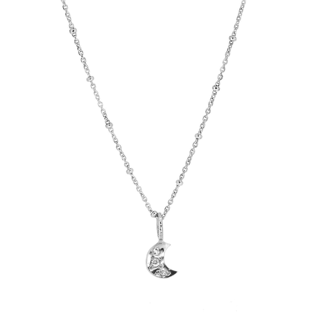 Tiny Moon Necklace with Pave Set White Sapphires Silver