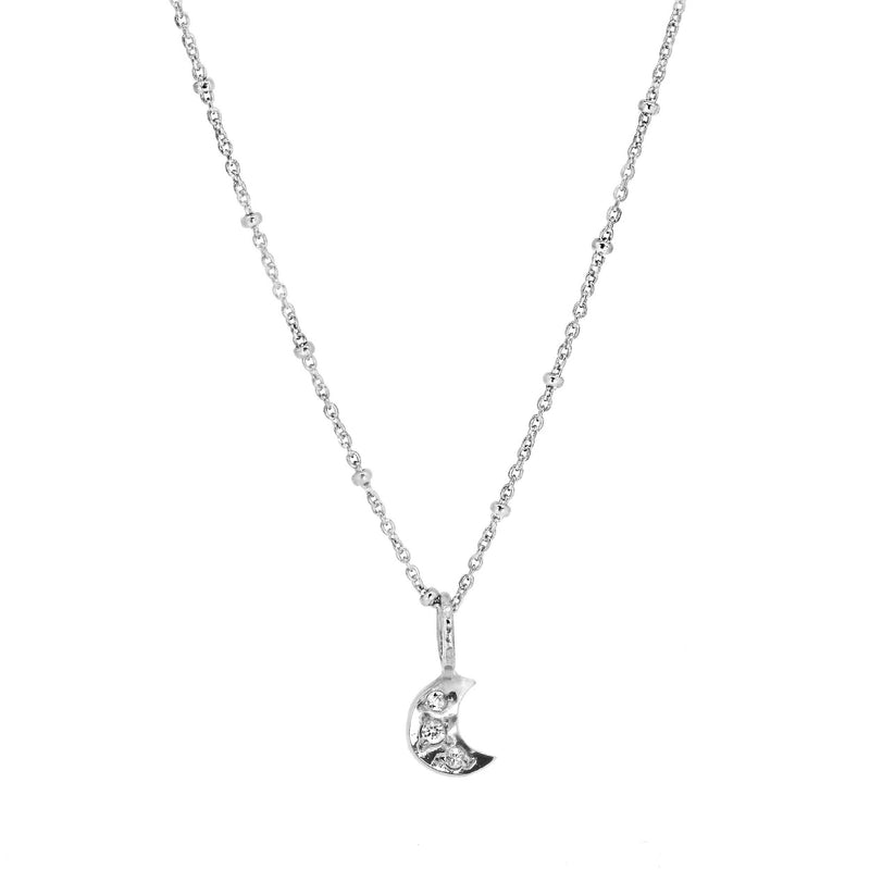 Tiny Moon Necklace with Pave Set White Sapphires - Silver